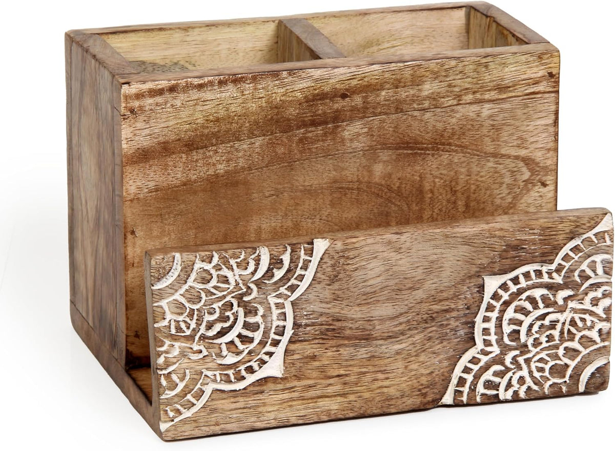 Silverware Holder Caddy, 2 Compartments Wooden Utensil Holder Flatware with Napkin Holder, Wooden Cutlery Holder Organizer Containers for Party, Kitchen Countertop, Forks, Spoons, Knives, Napkins