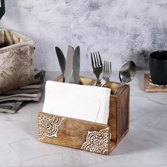 Silverware Holder Caddy, 2 Compartments Wooden Utensil Holder Flatware with Napkin Holder, Wooden Cutlery Holder Organizer Containers for Party, Kitchen Countertop, Forks, Spoons, Knives, Napkins