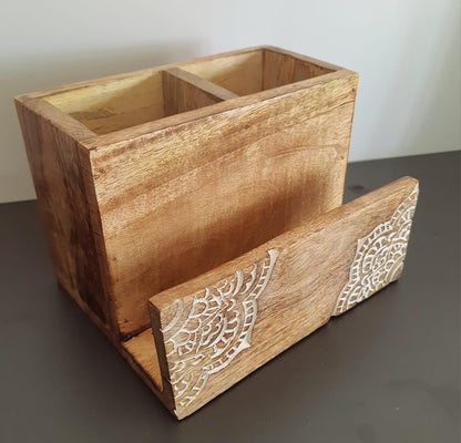 Silverware Holder Caddy, 2 Compartments Wooden Utensil Holder Flatware with Napkin Holder, Wooden Cutlery Holder Organizer Containers for Party, Kitchen Countertop, Forks, Spoons, Knives, Napkins