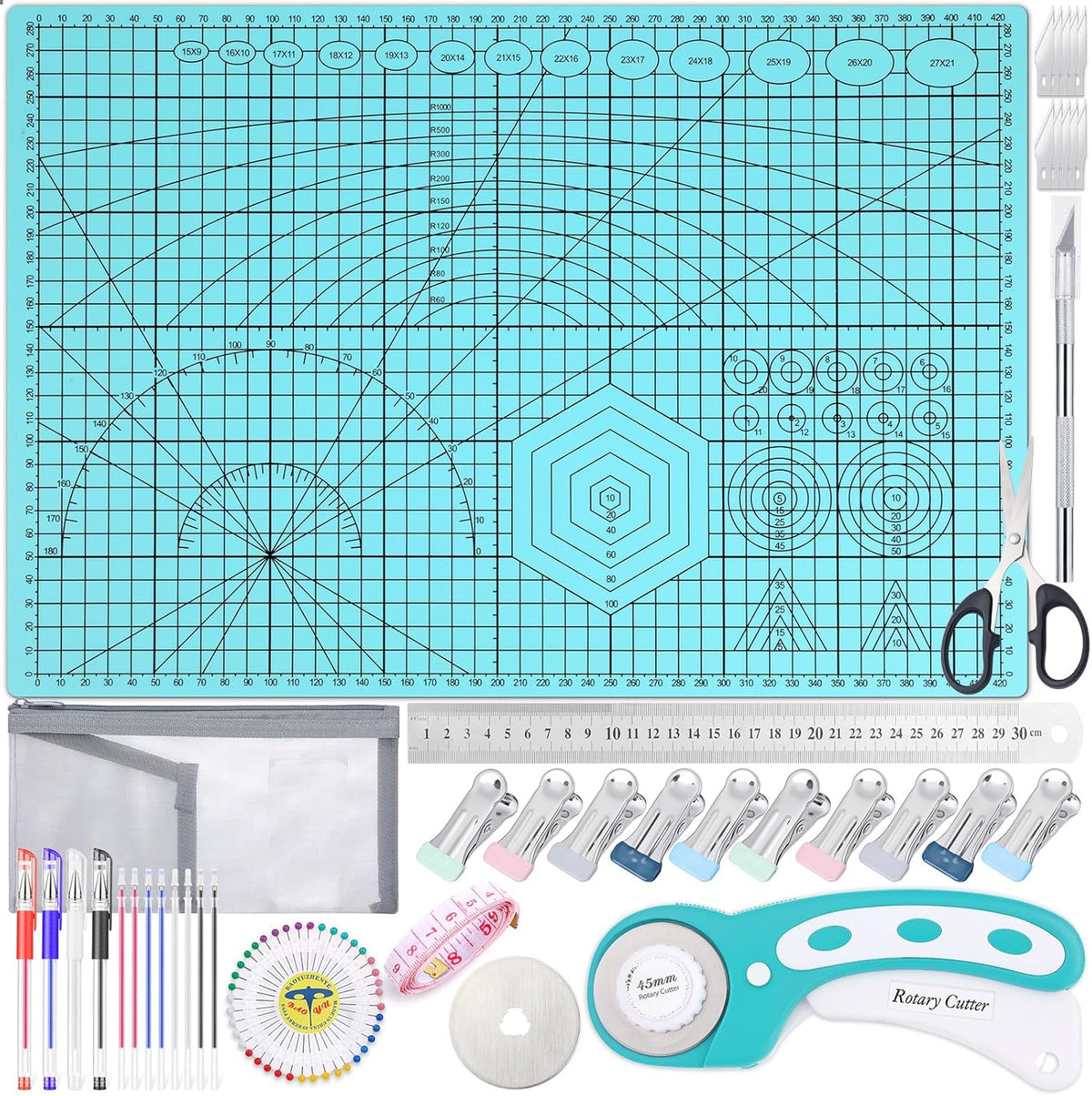 Rotary Cutting Mat and Tools Set, 45mm Fabric Cropping Cutter Wheel with A3 Self Healing Sewing Mat, Blades, Quilting Ruler and Clips, Crafts Knife for Shirt Cloth Patchworking Scrapbooking