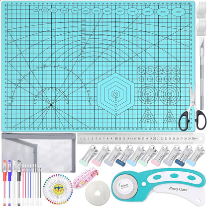 Rotary Cutting Mat and Tools Set, 45mm Fabric Cropping Cutter Wheel with A3 Self Healing Sewing Mat, Blades, Quilting Ruler and Clips, Crafts Knife for Shirt Cloth Patchworking Scrapbooking