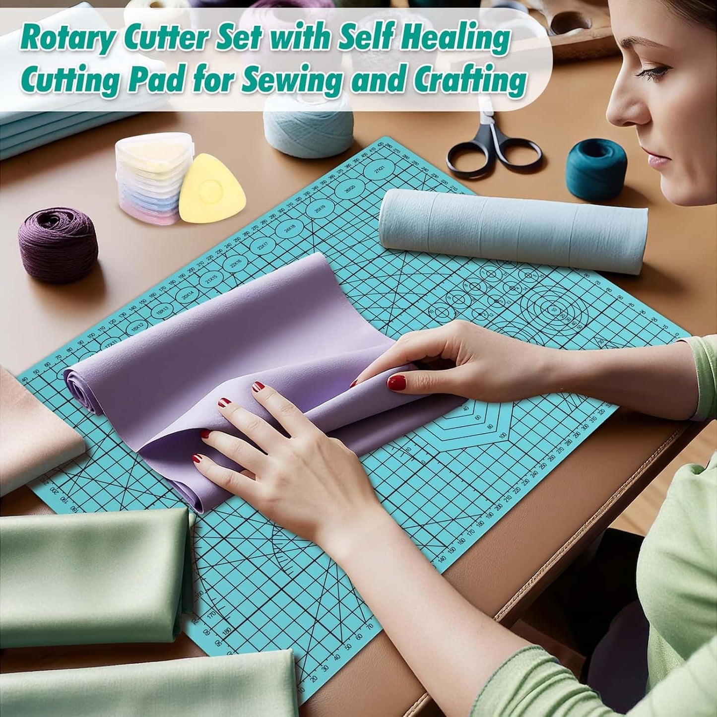 Rotary Cutting Mat and Tools Set, 45mm Fabric Cropping Cutter Wheel with A3 Self Healing Sewing Mat, Blades, Quilting Ruler and Clips, Crafts Knife for Shirt Cloth Patchworking Scrapbooking