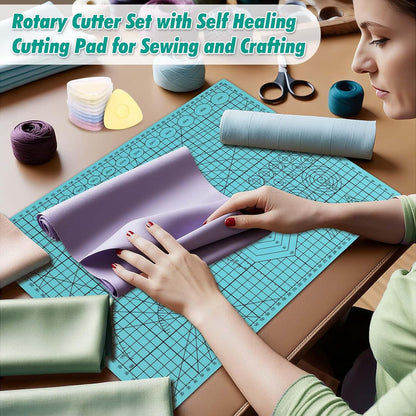 Rotary Cutting Mat and Tools Set, 45mm Fabric Cropping Cutter Wheel with A3 Self Healing Sewing Mat, Blades, Quilting Ruler and Clips, Crafts Knife for Shirt Cloth Patchworking Scrapbooking