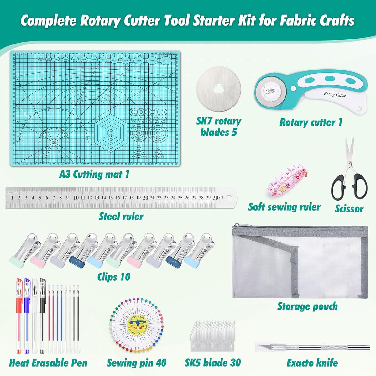 Rotary Cutting Mat and Tools Set, 45mm Fabric Cropping Cutter Wheel with A3 Self Healing Sewing Mat, Blades, Quilting Ruler and Clips, Crafts Knife for Shirt Cloth Patchworking Scrapbooking