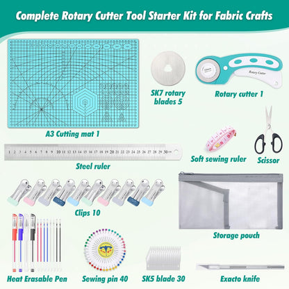 Rotary Cutting Mat and Tools Set, 45mm Fabric Cropping Cutter Wheel with A3 Self Healing Sewing Mat, Blades, Quilting Ruler and Clips, Crafts Knife for Shirt Cloth Patchworking Scrapbooking