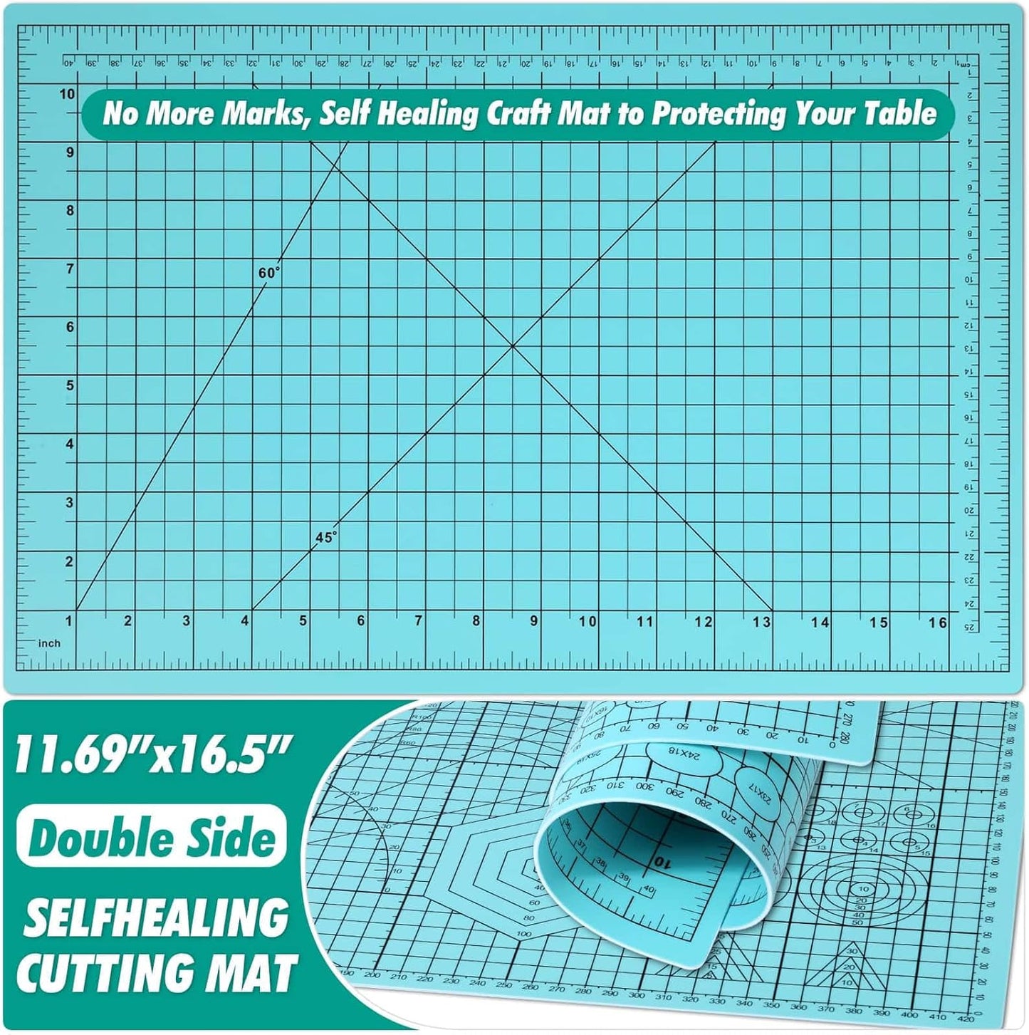 Rotary Cutting Mat and Tools Set, 45mm Fabric Cropping Cutter Wheel with A3 Self Healing Sewing Mat, Blades, Quilting Ruler and Clips, Crafts Knife for Shirt Cloth Patchworking Scrapbooking