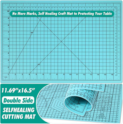 Rotary Cutting Mat and Tools Set, 45mm Fabric Cropping Cutter Wheel with A3 Self Healing Sewing Mat, Blades, Quilting Ruler and Clips, Crafts Knife for Shirt Cloth Patchworking Scrapbooking