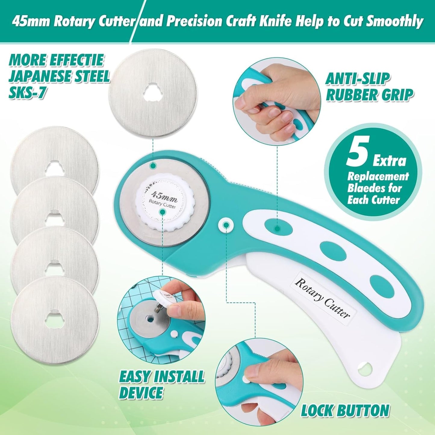 Rotary Cutting Mat and Tools Set, 45mm Fabric Cropping Cutter Wheel with A3 Self Healing Sewing Mat, Blades, Quilting Ruler and Clips, Crafts Knife for Shirt Cloth Patchworking Scrapbooking