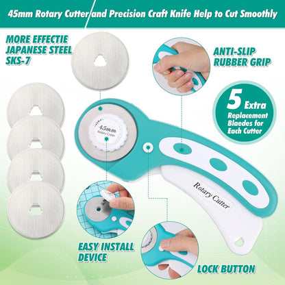 Rotary Cutting Mat and Tools Set, 45mm Fabric Cropping Cutter Wheel with A3 Self Healing Sewing Mat, Blades, Quilting Ruler and Clips, Crafts Knife for Shirt Cloth Patchworking Scrapbooking