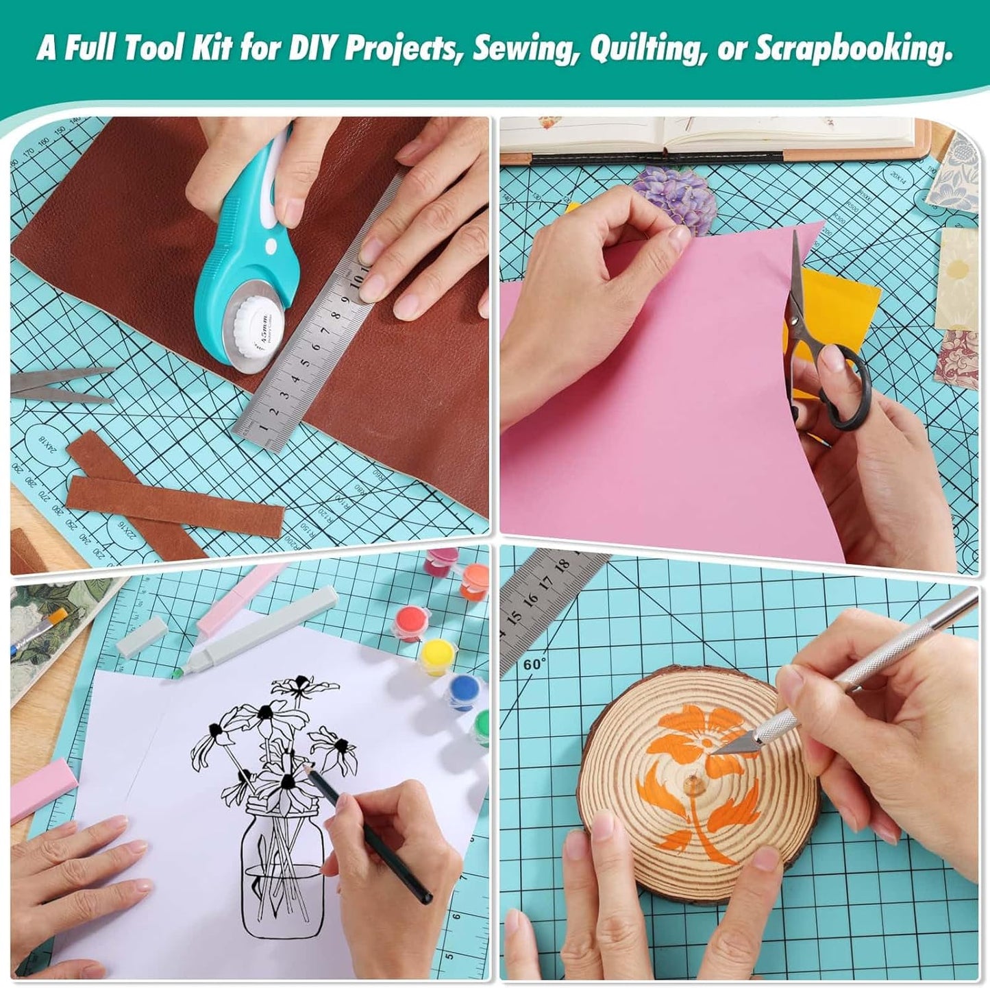 Rotary Cutting Mat and Tools Set, 45mm Fabric Cropping Cutter Wheel with A3 Self Healing Sewing Mat, Blades, Quilting Ruler and Clips, Crafts Knife for Shirt Cloth Patchworking Scrapbooking