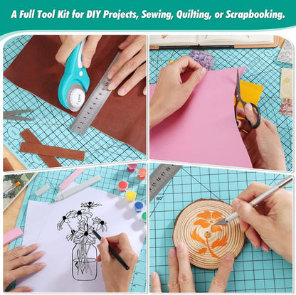 Rotary Cutting Mat and Tools Set, 45mm Fabric Cropping Cutter Wheel with A3 Self Healing Sewing Mat, Blades, Quilting Ruler and Clips, Crafts Knife for Shirt Cloth Patchworking Scrapbooking