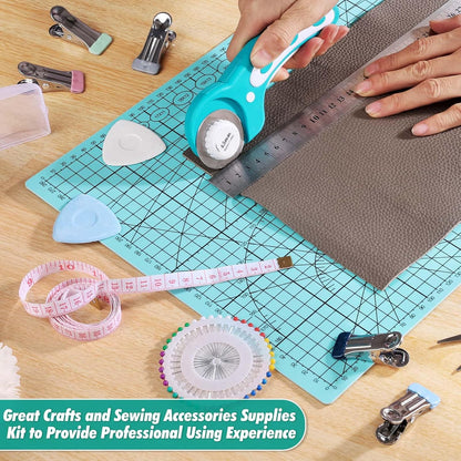 Rotary Cutting Mat and Tools Set, 45mm Fabric Cropping Cutter Wheel with A3 Self Healing Sewing Mat, Blades, Quilting Ruler and Clips, Crafts Knife for Shirt Cloth Patchworking Scrapbooking