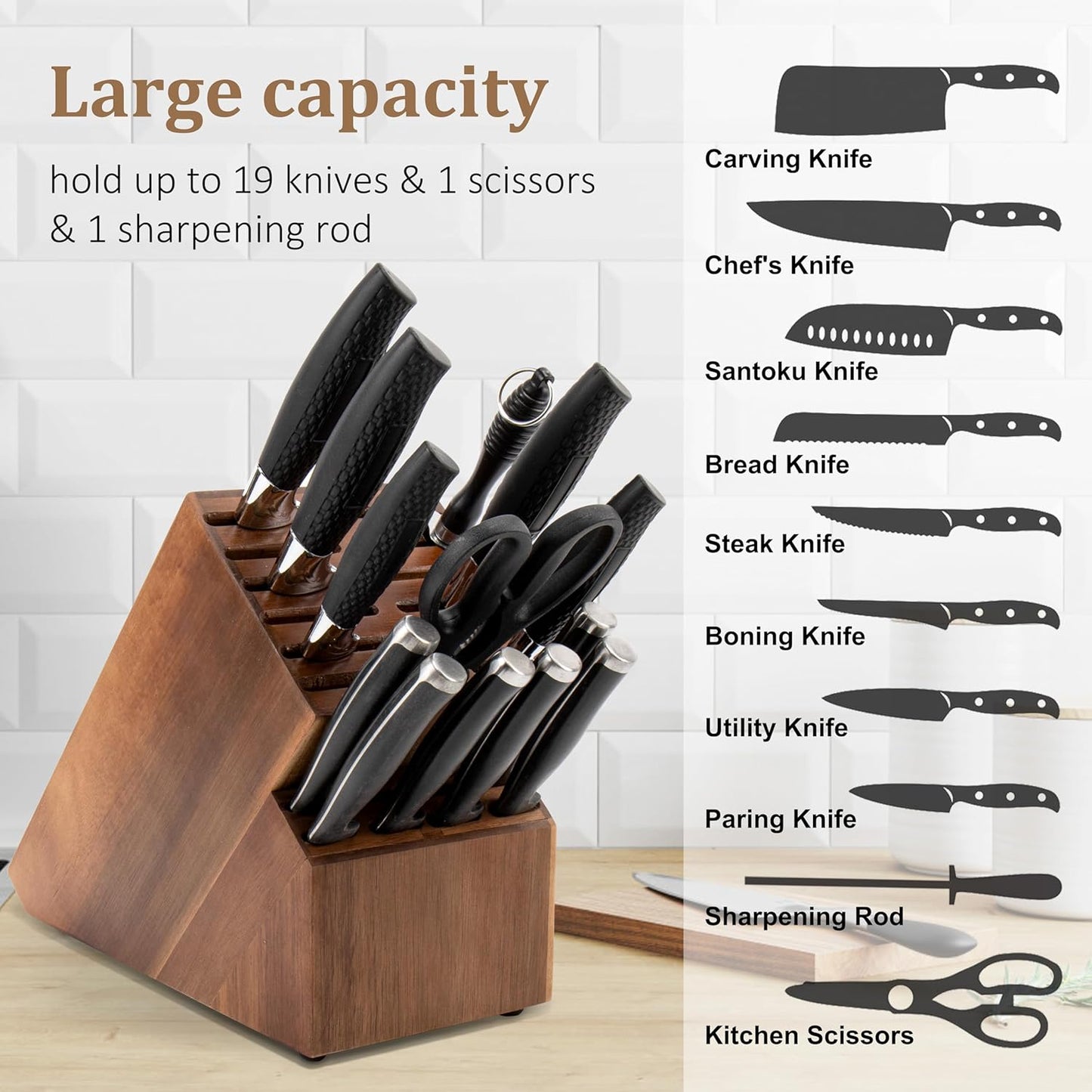 Knife Block for Kitchen Countertop - 20 Slot Universal Knife Holder with Acacia Wood, Large Knife Storage Organizer for Butcher Block, Knife Block Storage without Knives, Easy for Knife set