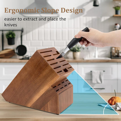 Knife Block for Kitchen Countertop - 20 Slot Universal Knife Holder with Acacia Wood, Large Knife Storage Organizer for Butcher Block, Knife Block Storage without Knives, Easy for Knife set