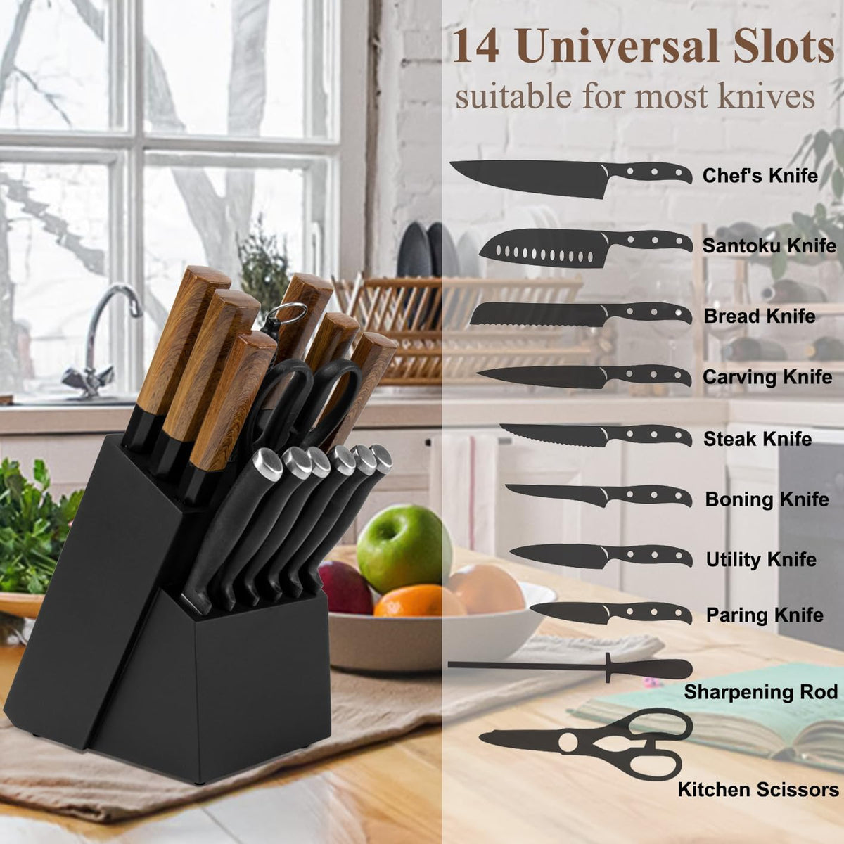 Knife Block for Kitchen Countertop - 20 Slot Universal Knife Holder with Acacia Wood, Large Knife Storage Organizer for Butcher Block, Knife Block Storage without Knives, Easy for Knife set