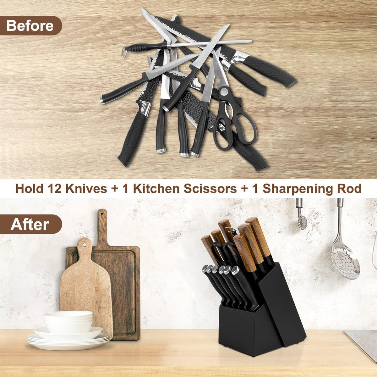 Knife Block for Kitchen Countertop - 20 Slot Universal Knife Holder with Acacia Wood, Large Knife Storage Organizer for Butcher Block, Knife Block Storage without Knives, Easy for Knife set