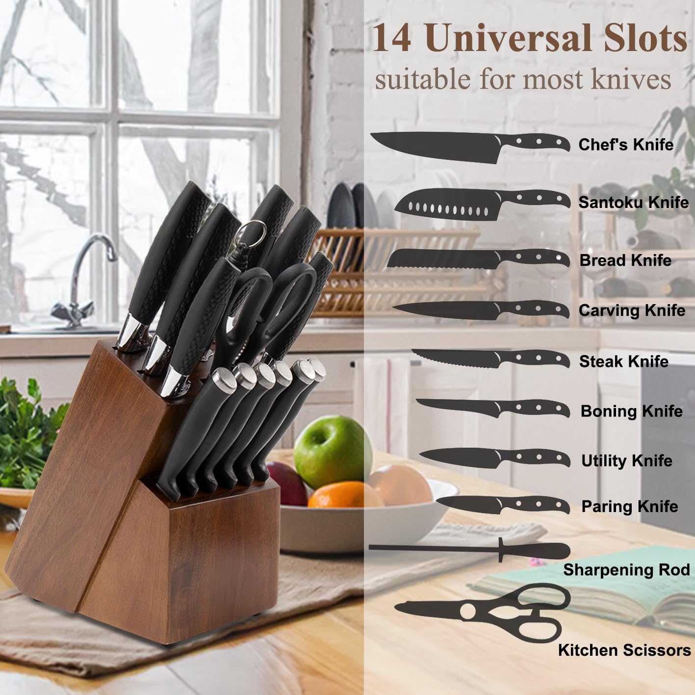 Knife Block for Kitchen Countertop - 20 Slot Universal Knife Holder with Acacia Wood, Large Knife Storage Organizer for Butcher Block, Knife Block Storage without Knives, Easy for Knife set
