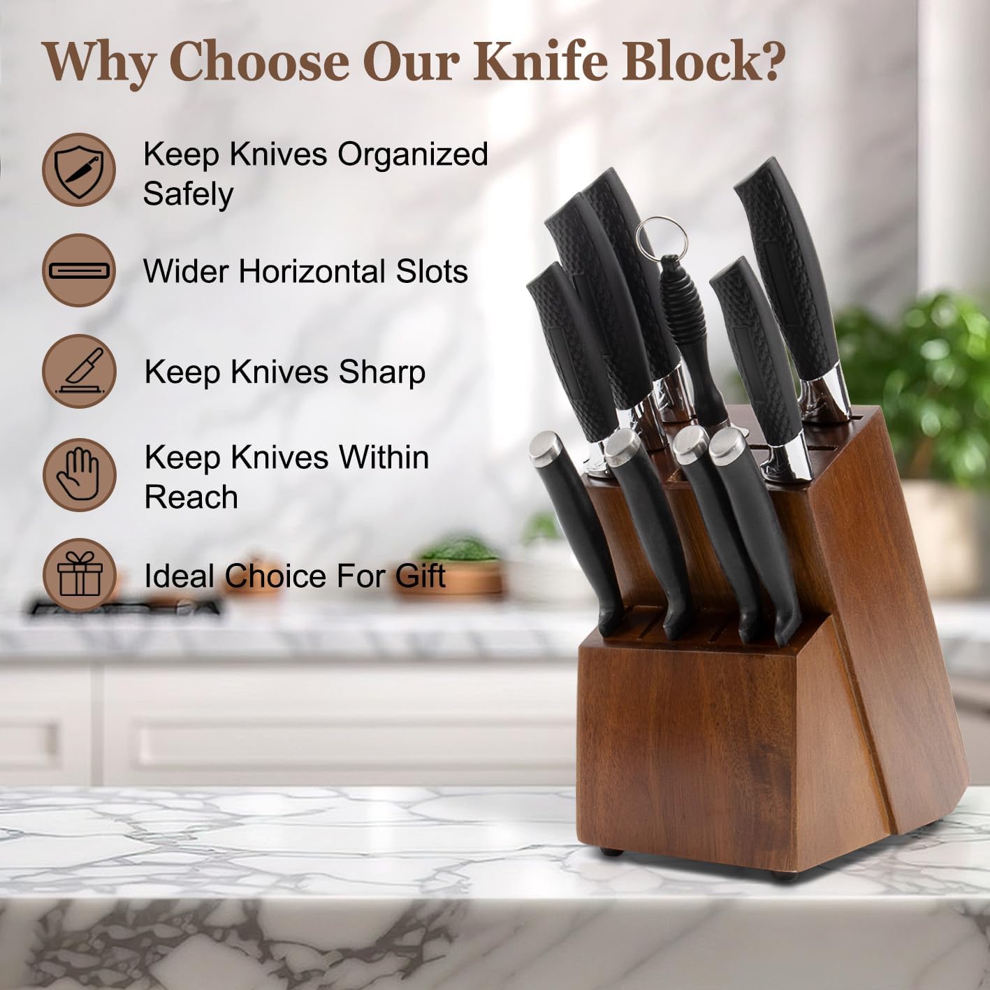 Knife Block for Kitchen Countertop - 20 Slot Universal Knife Holder with Acacia Wood, Large Knife Storage Organizer for Butcher Block, Knife Block Storage without Knives, Easy for Knife set