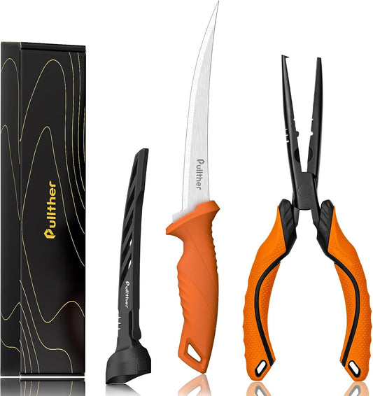 2PC Fishing Tool Kit - 7" Fillet Knife,Fishing Pliers,Multitool Hook Remover Fishing Pliers,Fishing Gear for Saltwater