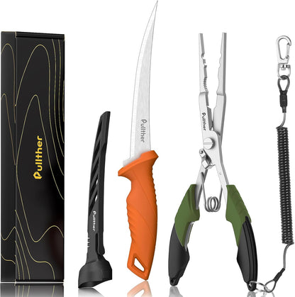 2PC Fishing Tool Kit - 7" Fillet Knife,Fishing Pliers,Multitool Hook Remover Fishing Pliers,Fishing Gear for Saltwater