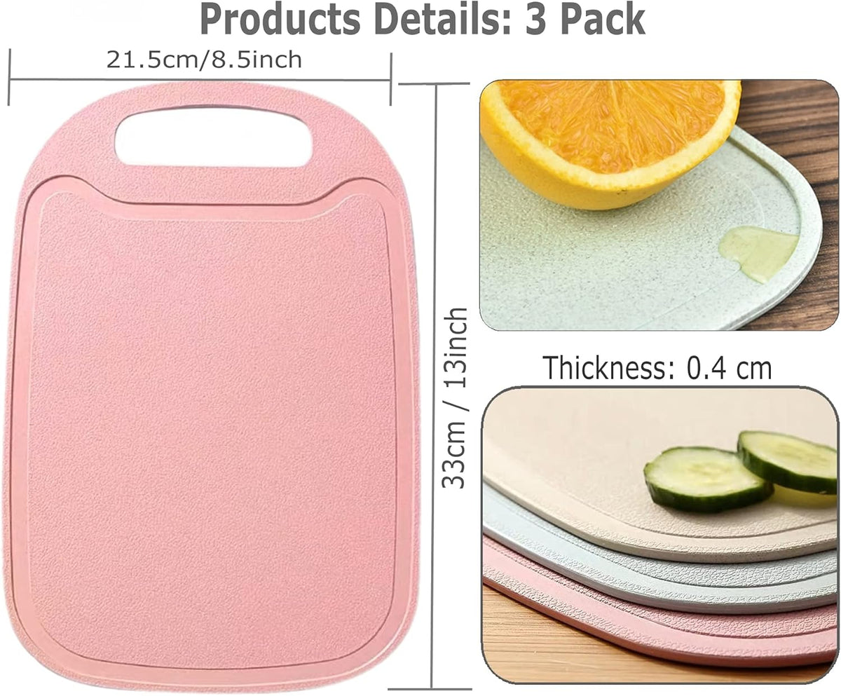 3 Pack Mini Kitchen Cutting Board Set Small Fruit Cutting Board Wheat Straw Plastic Cutting Boards Mats Dishwasher Safe, Juice Grooves, Thicker Boards Easy Grip Handle, Non Porous(13 Inch x 8.5 Inch)