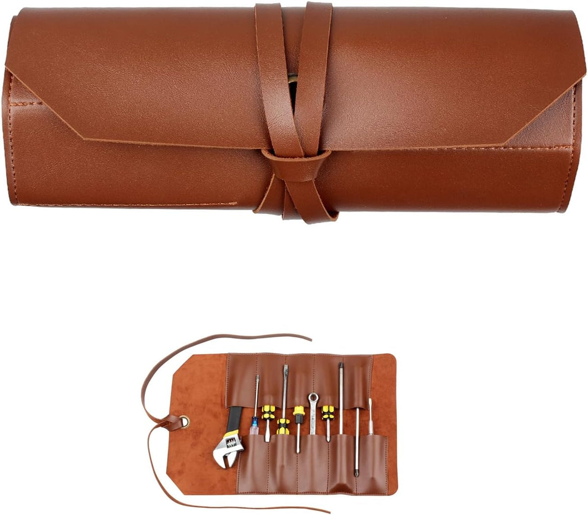 10 Pockets Roll Up Tool Pouch, Chisel Roll Multi-Functional Tool Roll Bag, Leather Portable Repair Woodworking And Electrical Bag, Store Chisel,Wrench,Pliers,Carving Knife (BROWN)