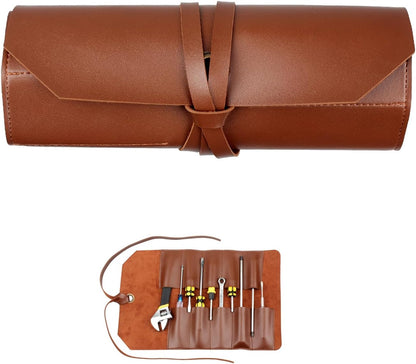 10 Pockets Roll Up Tool Pouch, Chisel Roll Multi-Functional Tool Roll Bag, Leather Portable Repair Woodworking And Electrical Bag, Store Chisel,Wrench,Pliers,Carving Knife (BROWN)