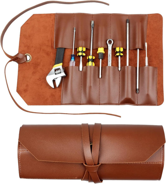 10 Pockets Roll Up Tool Pouch, Chisel Roll Multi-Functional Tool Roll Bag, Leather Portable Repair Woodworking And Electrical Bag, Store Chisel,Wrench,Pliers,Carving Knife (BROWN)