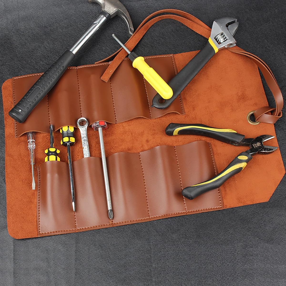 10 Pockets Roll Up Tool Pouch, Chisel Roll Multi-Functional Tool Roll Bag, Leather Portable Repair Woodworking And Electrical Bag, Store Chisel,Wrench,Pliers,Carving Knife (BROWN)