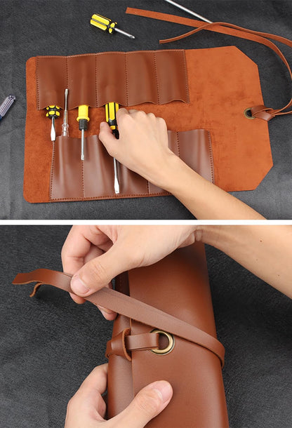 10 Pockets Roll Up Tool Pouch, Chisel Roll Multi-Functional Tool Roll Bag, Leather Portable Repair Woodworking And Electrical Bag, Store Chisel,Wrench,Pliers,Carving Knife (BROWN)
