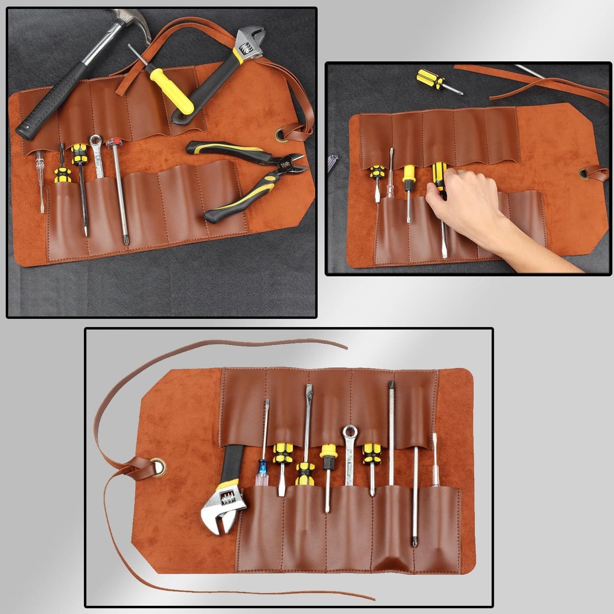 10 Pockets Roll Up Tool Pouch, Chisel Roll Multi-Functional Tool Roll Bag, Leather Portable Repair Woodworking And Electrical Bag, Store Chisel,Wrench,Pliers,Carving Knife (BROWN)