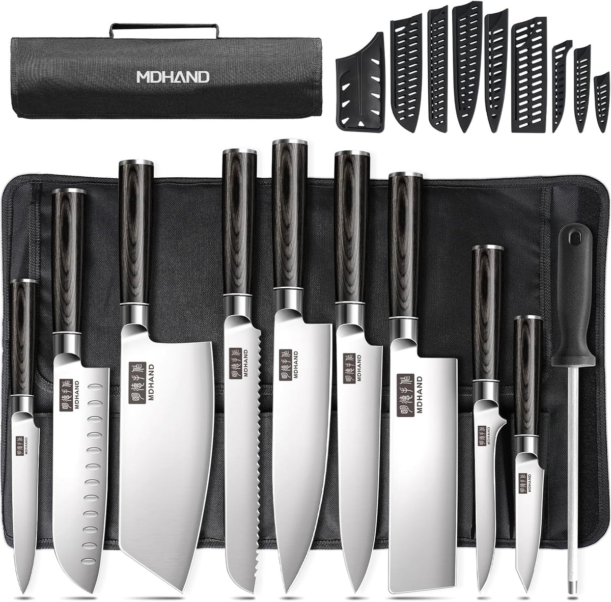 Chef Knife Set with Roll Bag, Ultra Sharp Japanese Kitchen Knife Set | High Carbon Stainless Steel 10PCS Kitchen Knife Set with Sharpener, Pakkawood Handle, Kitchen & Home Cooking, Dishwasher Safe