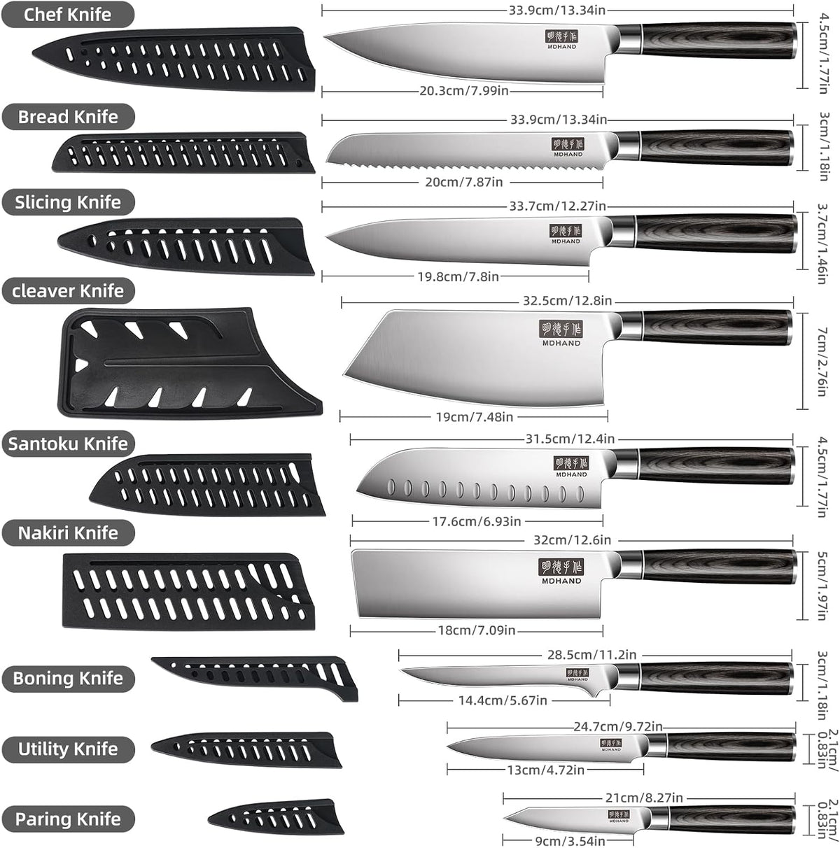 Chef Knife Set with Roll Bag, Ultra Sharp Japanese Kitchen Knife Set | High Carbon Stainless Steel 10PCS Kitchen Knife Set with Sharpener, Pakkawood Handle, Kitchen & Home Cooking, Dishwasher Safe