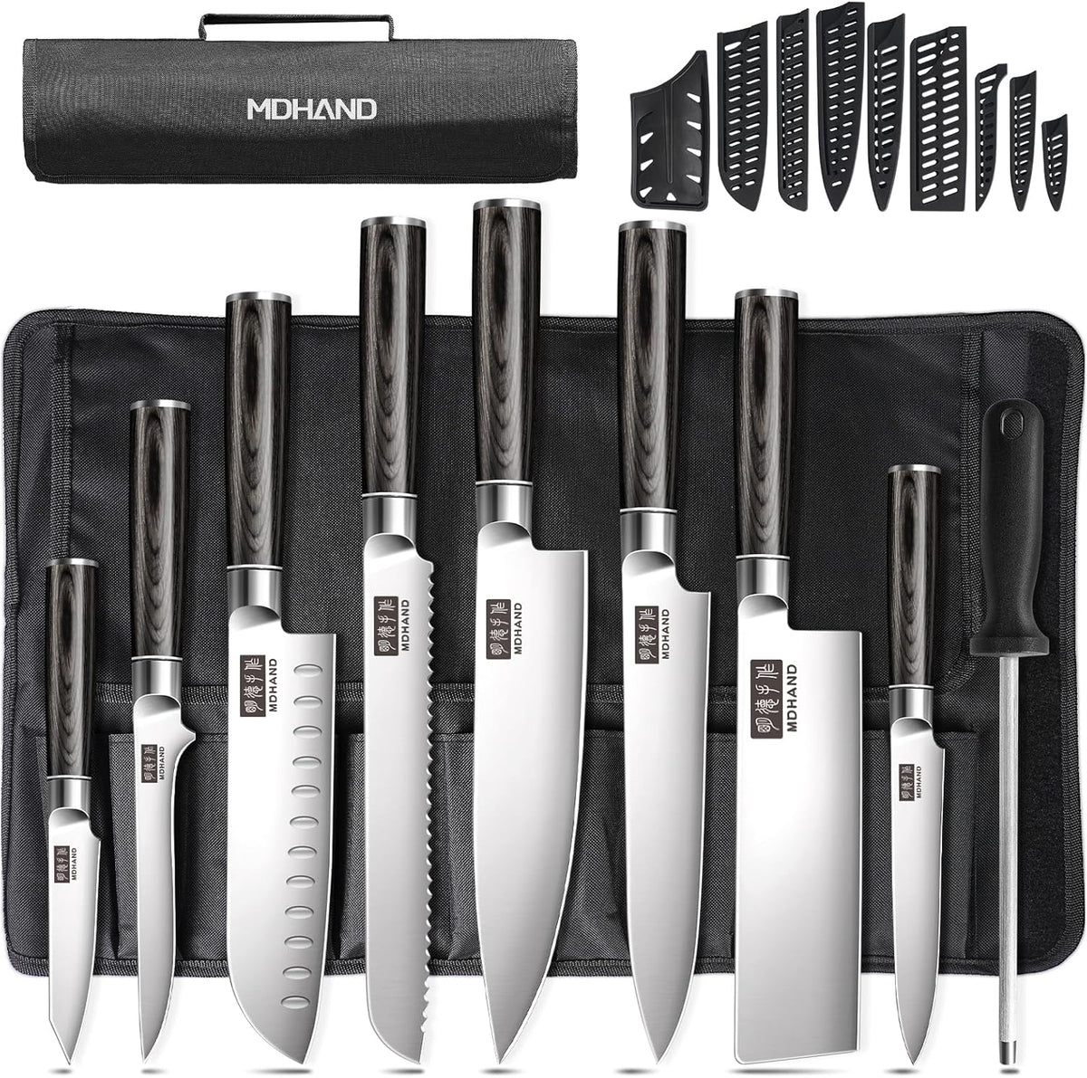 Chef Knife Set with Roll Bag, Ultra Sharp Japanese Kitchen Knife Set | High Carbon Stainless Steel 10PCS Kitchen Knife Set with Sharpener, Pakkawood Handle, Kitchen & Home Cooking, Dishwasher Safe