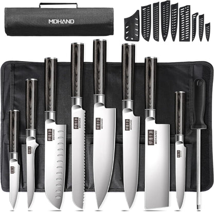 Chef Knife Set with Roll Bag, Ultra Sharp Japanese Kitchen Knife Set | High Carbon Stainless Steel 10PCS Kitchen Knife Set with Sharpener, Pakkawood Handle, Kitchen & Home Cooking, Dishwasher Safe