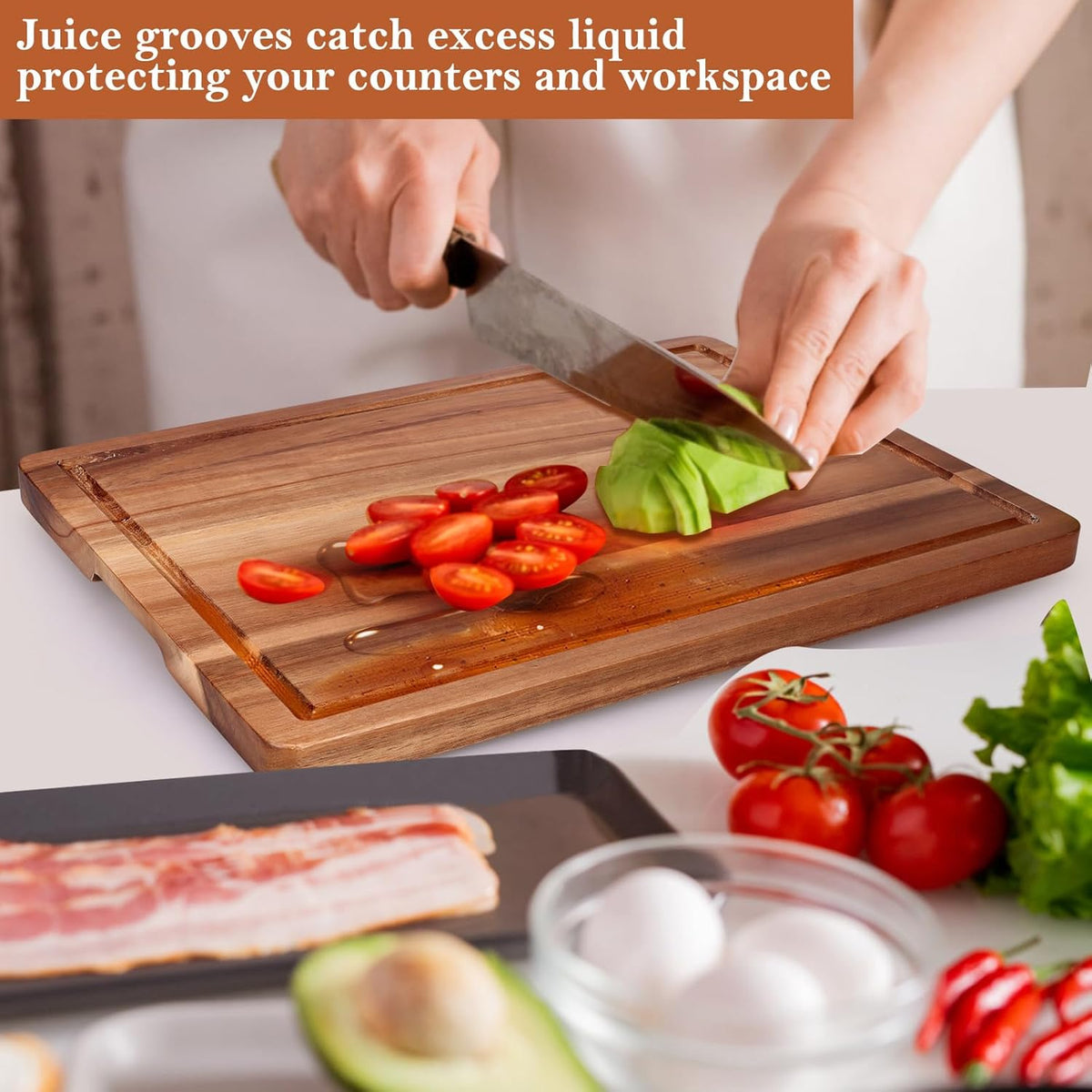 Acacia Wood Cutting Boards for Kitchen, Wooden Chopping Board with Side Handle and Juice Groove, 15" X 11" Carving Board, Butcher Block, Cheese Charcuterie Boards for Meat, Fruit, Steak