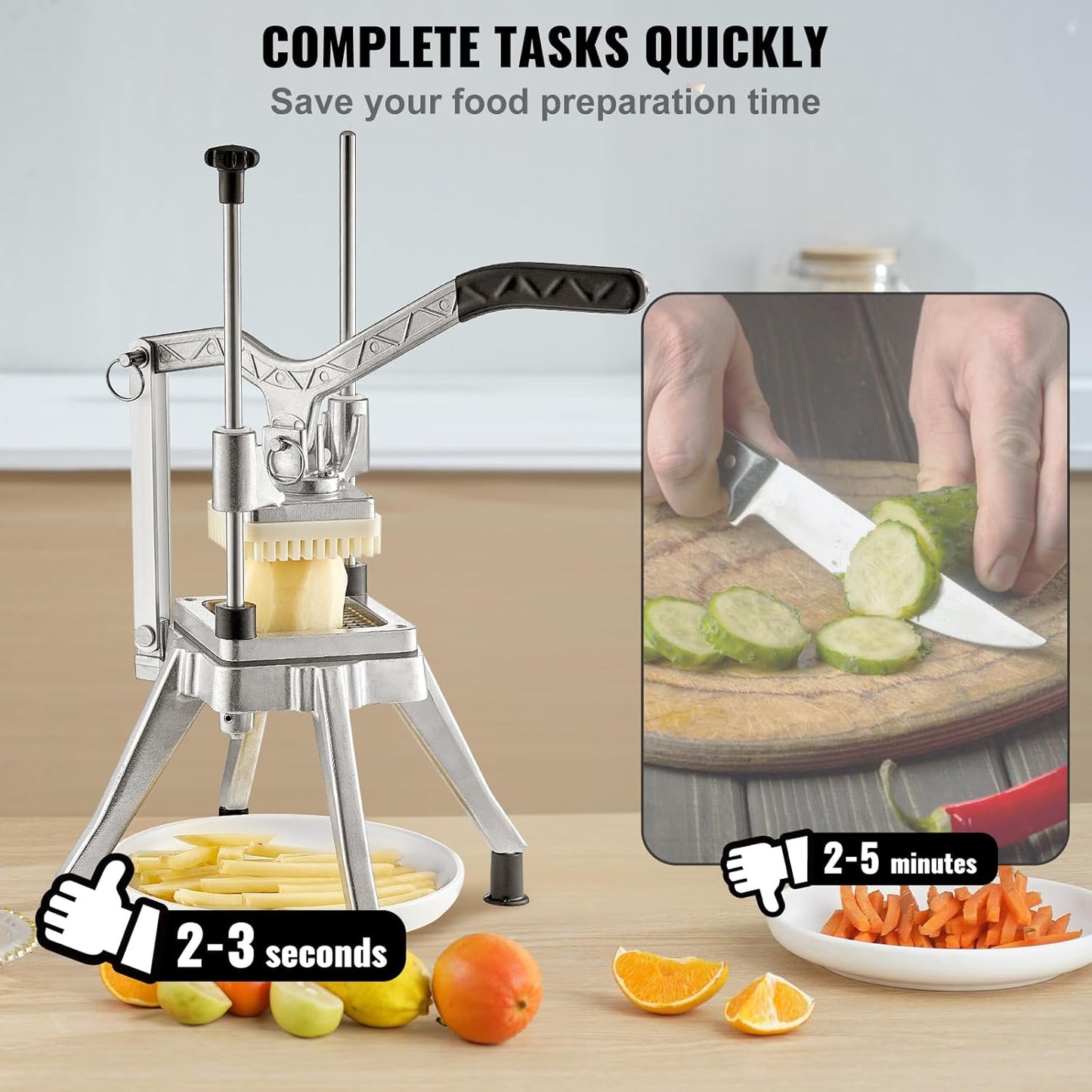 Commercial Vegetable Chopper w/ 4 Replacement Blades, Stainless Steel French Fry Cutter Potato Dicer & Fruit Slicer for Restaurants & Home Kitchen