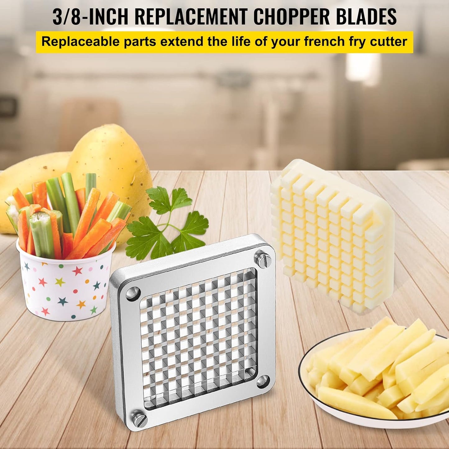 Commercial Vegetable Chopper w/ 4 Replacement Blades, Stainless Steel French Fry Cutter Potato Dicer & Fruit Slicer for Restaurants & Home Kitchen