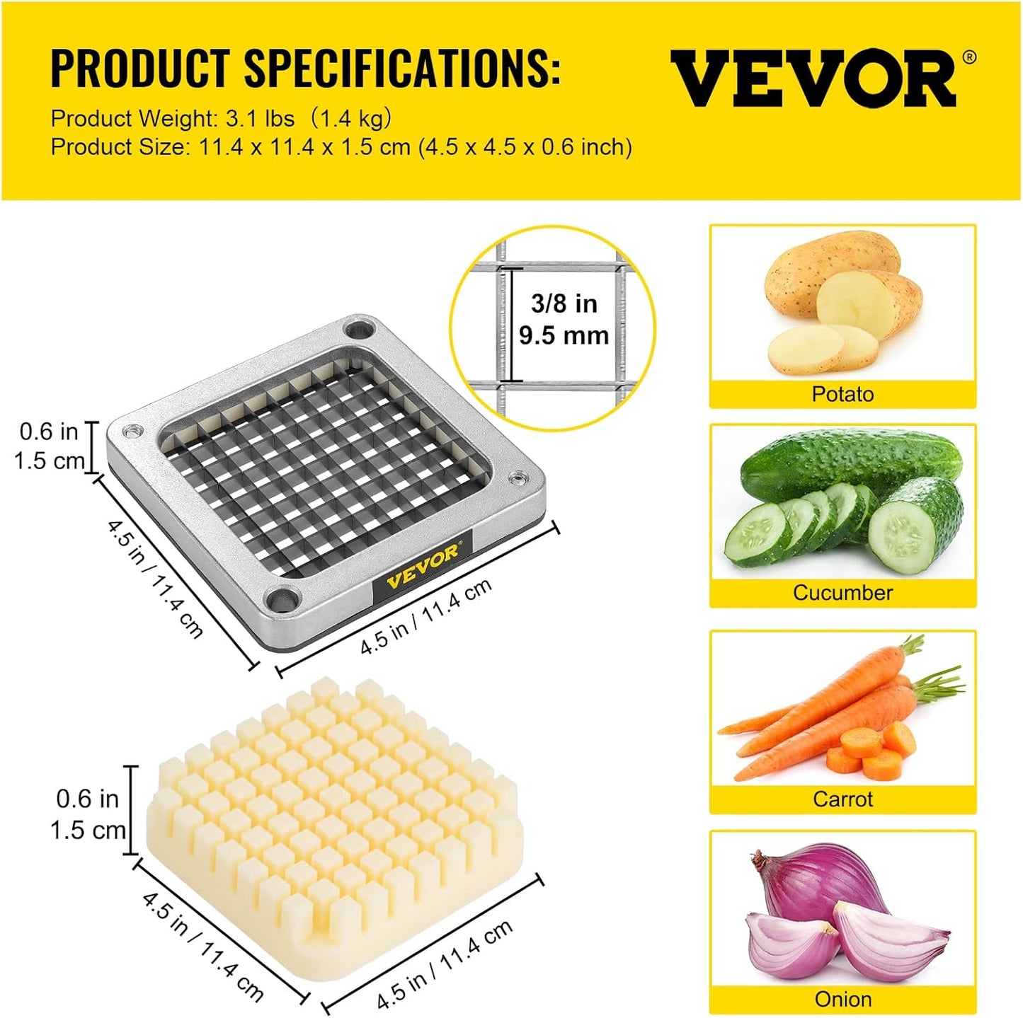 Commercial Vegetable Chopper w/ 4 Replacement Blades, Stainless Steel French Fry Cutter Potato Dicer & Fruit Slicer for Restaurants & Home Kitchen