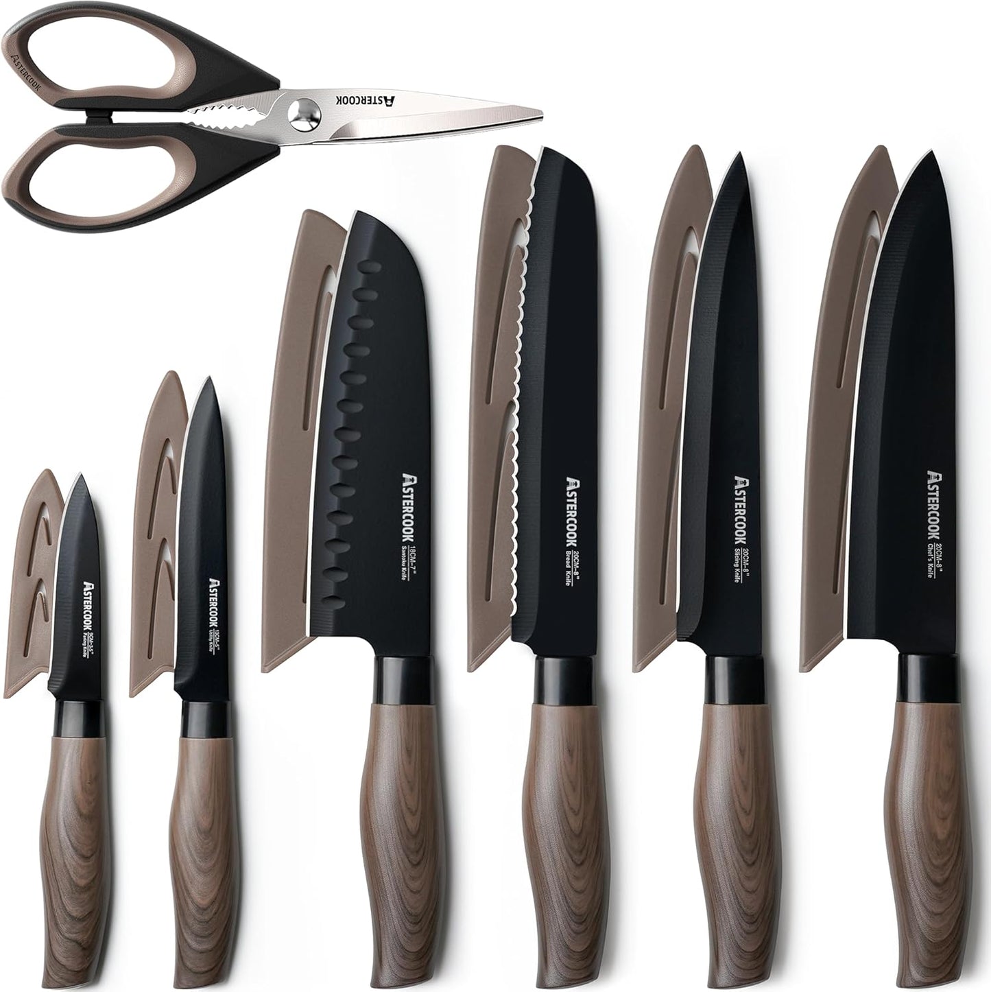 Knife Set, 13-Piece Kitchen Knives Set with 6 Blade Guards, Black Anti-Rust & Non-Stick Coating, Dishwasher Safe Stainless Steel Knives, Ergonomic Handle, Perfect for Holiday Gifts
