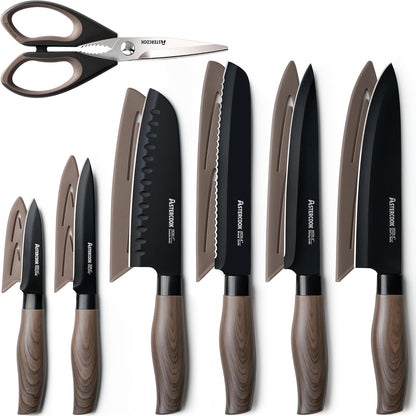 Knife Set, 13-Piece Kitchen Knives Set with 6 Blade Guards, Black Anti-Rust & Non-Stick Coating, Dishwasher Safe Stainless Steel Knives, Ergonomic Handle, Perfect for Holiday Gifts