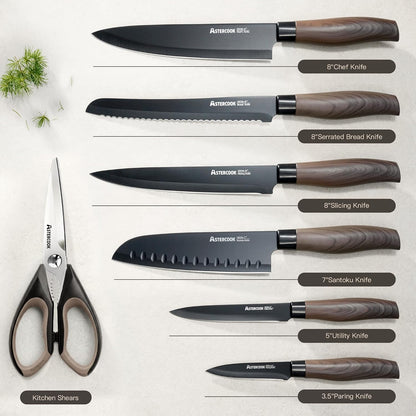Knife Set, 13-Piece Kitchen Knives Set with 6 Blade Guards, Black Anti-Rust & Non-Stick Coating, Dishwasher Safe Stainless Steel Knives, Ergonomic Handle, Perfect for Holiday Gifts