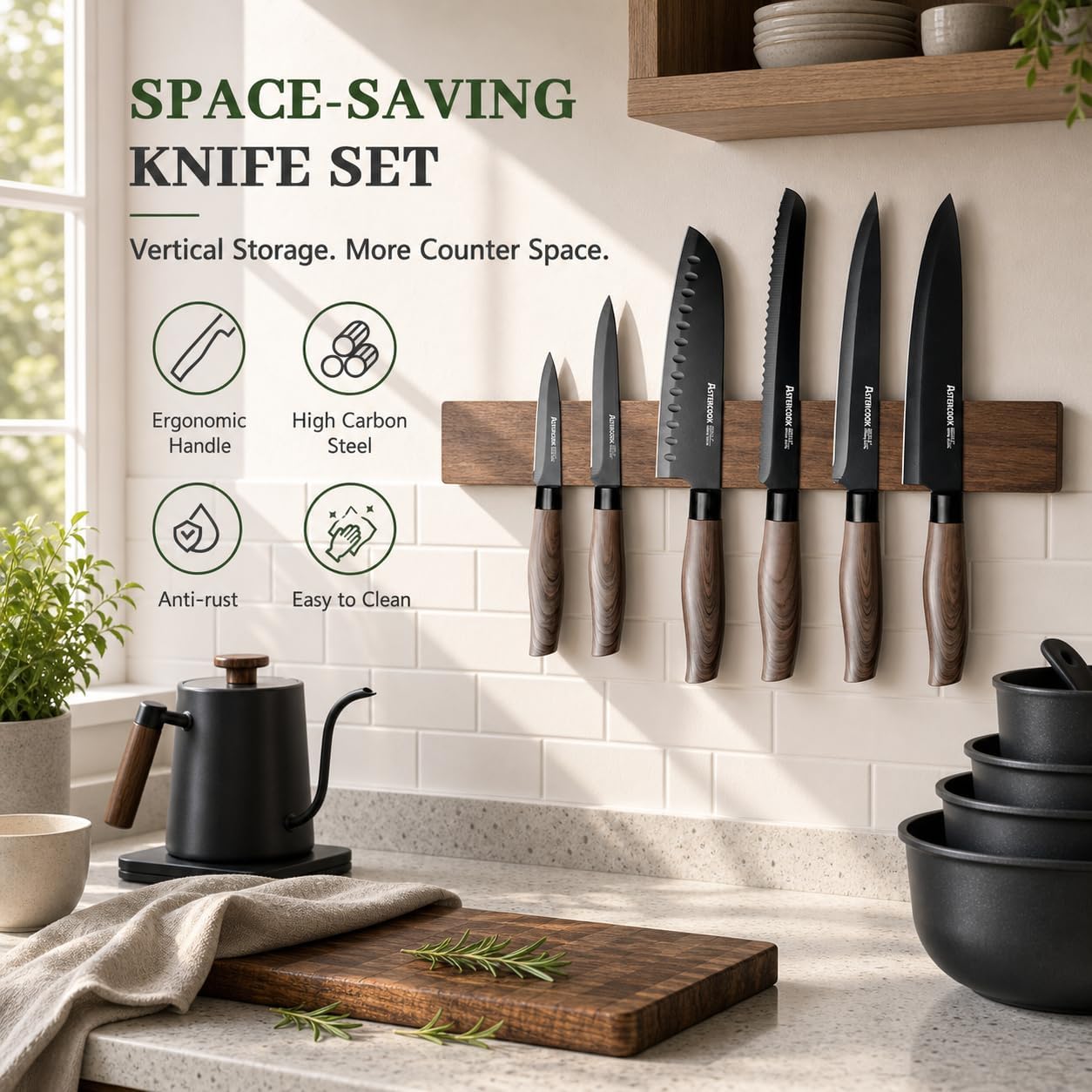 Knife Set, 13-Piece Kitchen Knives Set with 6 Blade Guards, Black Anti-Rust & Non-Stick Coating, Dishwasher Safe Stainless Steel Knives, Ergonomic Handle, Perfect for Holiday Gifts
