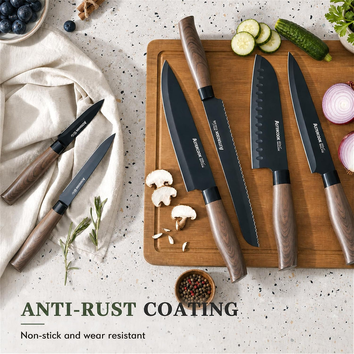 Knife Set, 13-Piece Kitchen Knives Set with 6 Blade Guards, Black Anti-Rust & Non-Stick Coating, Dishwasher Safe Stainless Steel Knives, Ergonomic Handle, Perfect for Holiday Gifts
