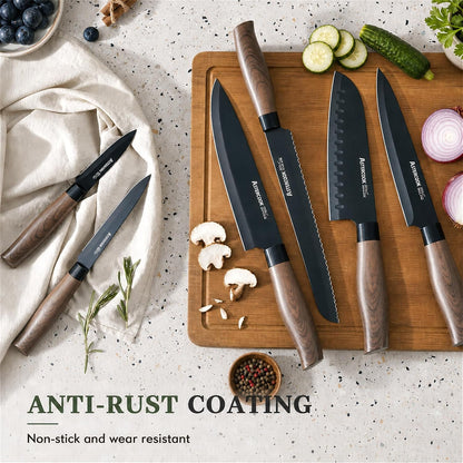 Knife Set, 13-Piece Kitchen Knives Set with 6 Blade Guards, Black Anti-Rust & Non-Stick Coating, Dishwasher Safe Stainless Steel Knives, Ergonomic Handle, Perfect for Holiday Gifts