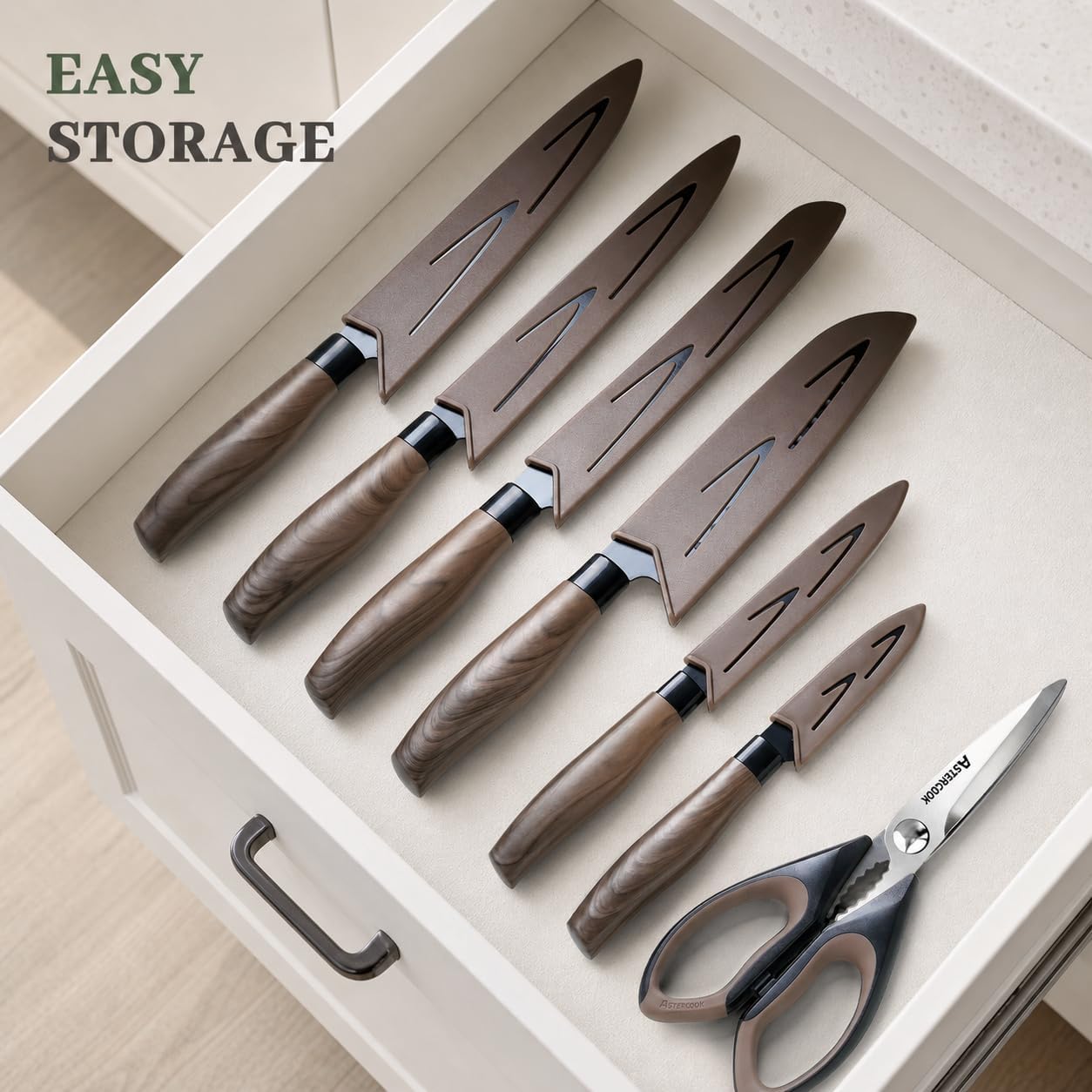 Knife Set, 13-Piece Kitchen Knives Set with 6 Blade Guards, Black Anti-Rust & Non-Stick Coating, Dishwasher Safe Stainless Steel Knives, Ergonomic Handle, Perfect for Holiday Gifts