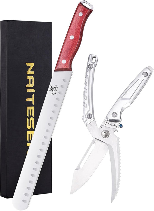 2PCS Brisket Carving Knife and All Purpose Kitchen Shears Set | Grilling Knives Heavy Duty Poultry Scissors, Butcher Slicing Knife for Vegetable Meat Beef Turkey Cutting