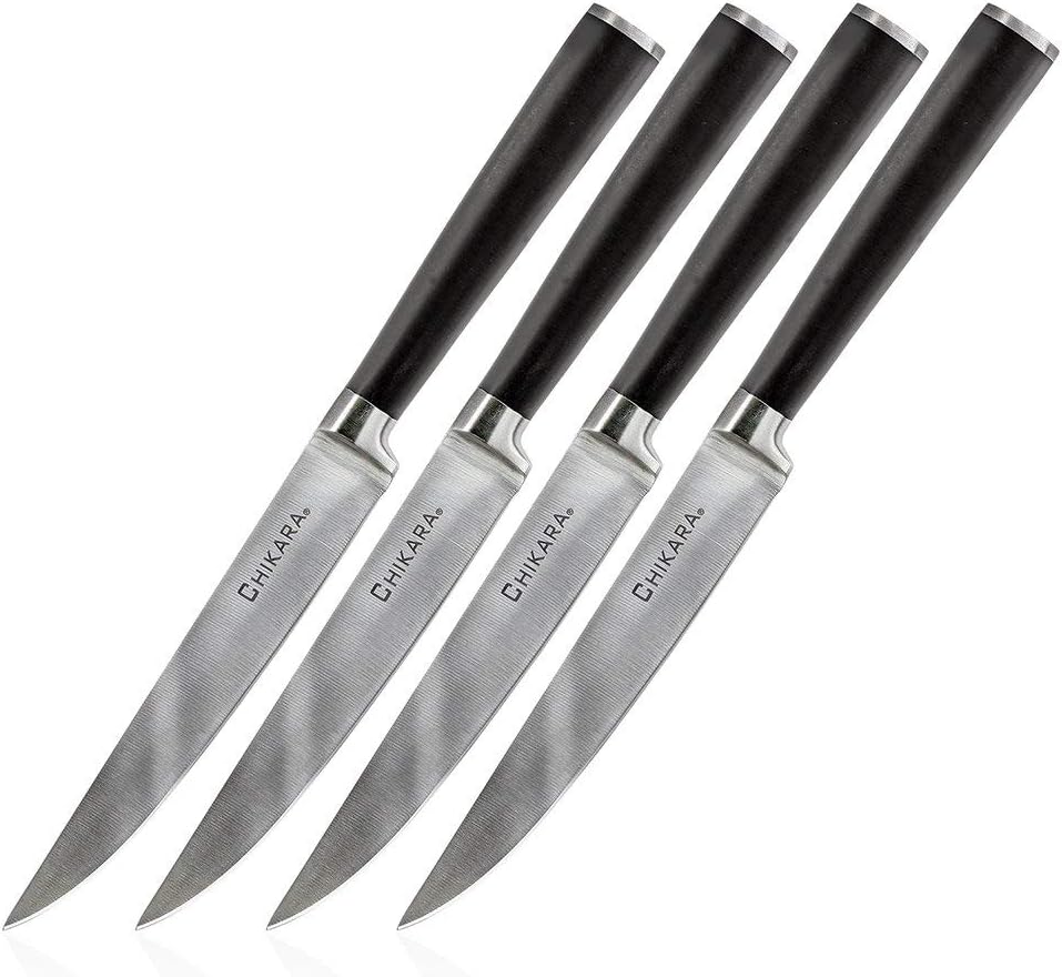 Chikara Series Japanese Kitchen Knife Set - Premium 420J Stainless Steel Cutlery Set with Bamboo Block, Perfect for Any Table or Dining Room, Includes Steak Knives – Black