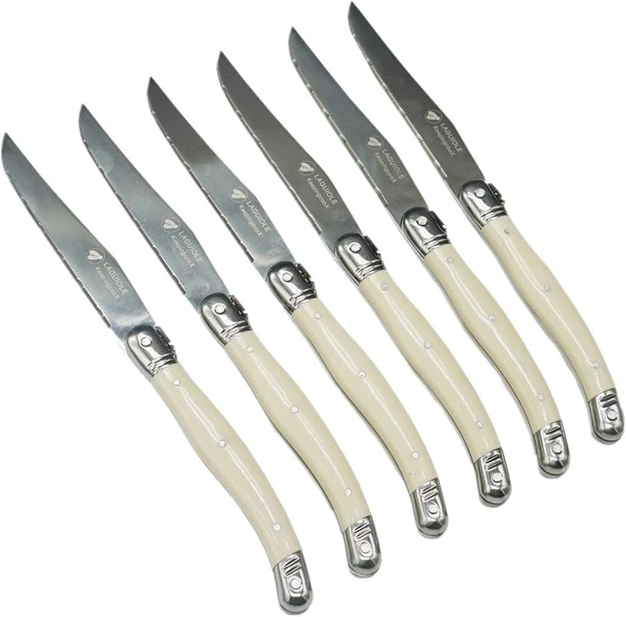 ® Laguiol-style Steak Knife, Ivory Handle, Serrated Blade, Stainless Steel Dinnerware/Tableware/Flatware/Cutlery Set of 6, Gift Box, Reputable Global Manufacturer with Certificate
