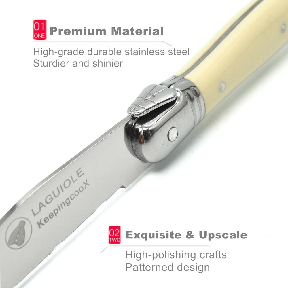 ® Laguiol-style Steak Knife, Ivory Handle, Serrated Blade, Stainless Steel Dinnerware/Tableware/Flatware/Cutlery Set of 6, Gift Box, Reputable Global Manufacturer with Certificate